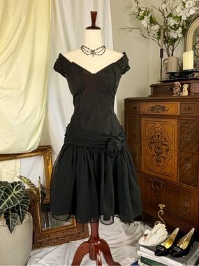 Vintage 80s Classic Rampage Little Black Dress with Off-Shoulder Neckline